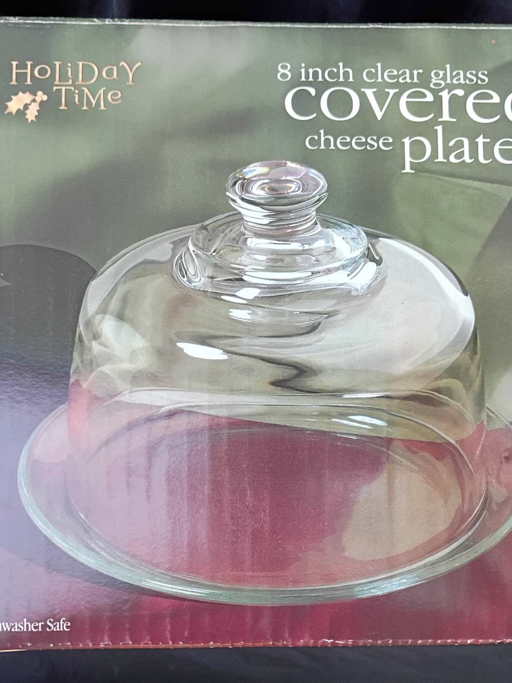 Holiday Time New 8” Clear Glass Covered Cheese Plate with Original Box